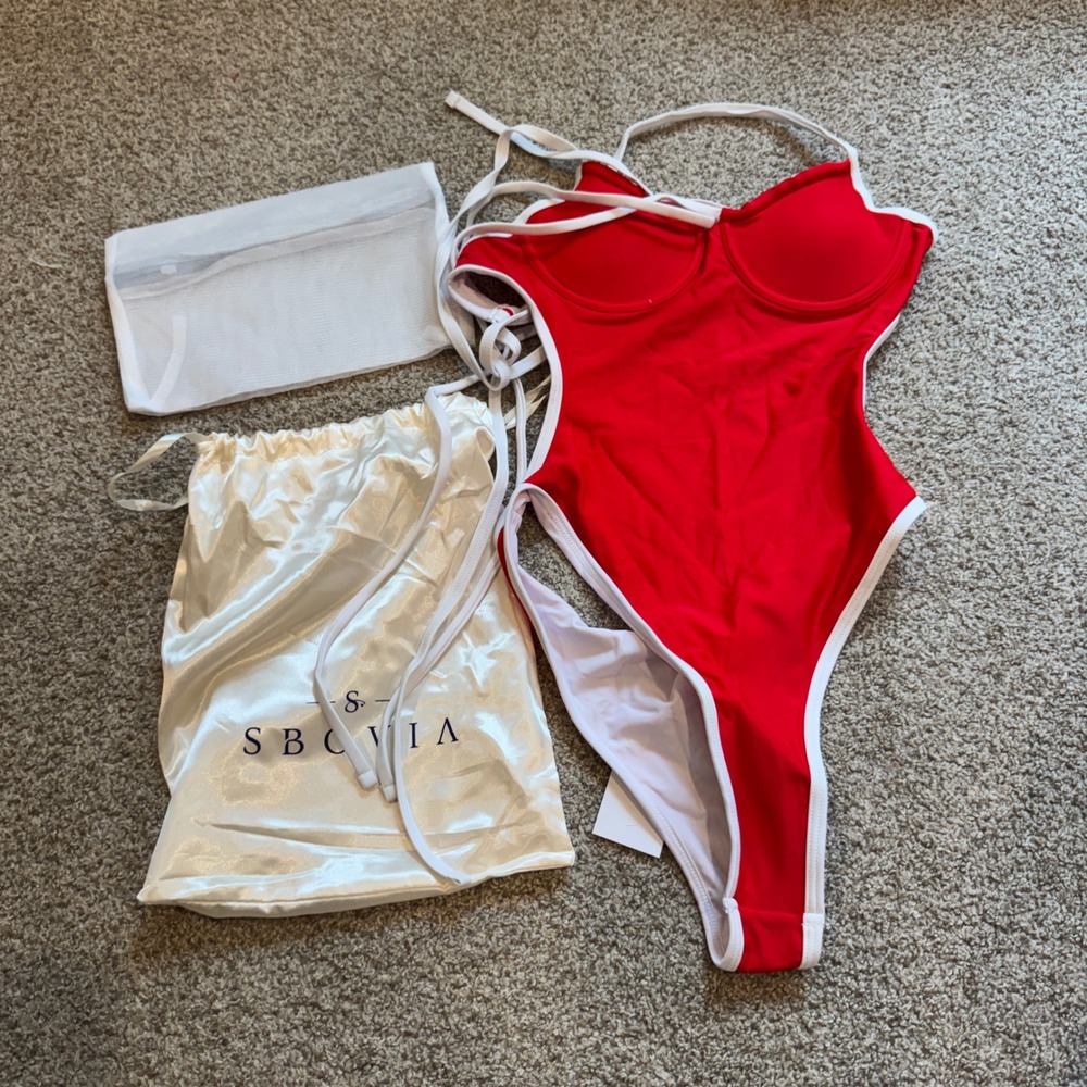 Sbovia Red White High Cut Underwire Strappy One Piece Swimsuit NWT XS
